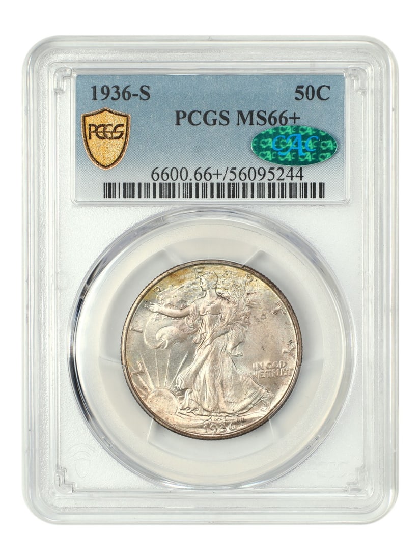PCGS CAC MS66+ 1936-S Walking Liberty Half Dollar 50C San Francisco: PCGS CAC MS66+ 1936-S Walking Liberty Half Dollar 50C San Francisco This 1936-S Walking Liberty Half Dollar is certified by PCGS with a grade of MS66+ and has received the CAC sticker, confirming its