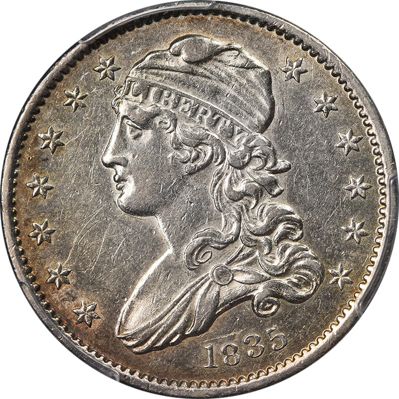 1835 Bust Quarter PCGS AU Details Silver Strong Strike Eye Appeal: 1835 Bust Quarter PCGS AU Details Silver Strong Strike Eye Appeal This 1835 Bust Quarter, certified by PCGS with an AU Details grade, exhibits nice eye appeal complemented by fantastic luster and a st