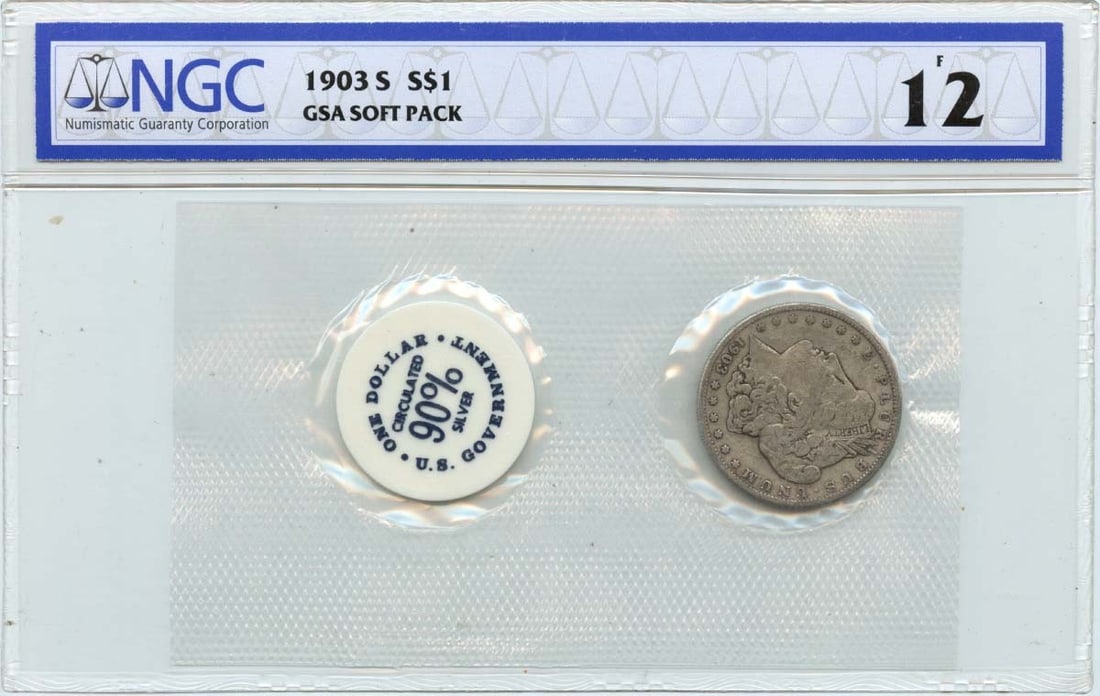 1903-S Morgan Dollar NGC F12 San Francisco Circulated Coin: 1903-S Morgan Dollar NGC F12 San Francisco Circulated Coin This 1903-S Morgan Dollar is certified by NGC with a grade of F12, indicating it has been circulated. Minted in San Francisco, this coin is a
