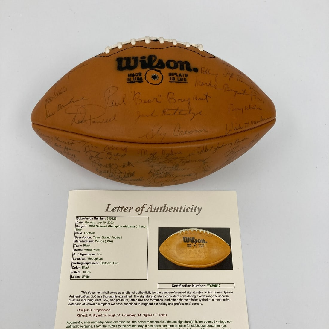 1978 Alabama Crimson Tide Team Signed Football with Bear Bryant JSA COA: 1978 Alabama Crimson Tide Team Signed Football with Bear Bryant JSA COA Celebrate the legendary 1978 Alabama Crimson Tide National Championship team with this team-signed football. This authentic piec
