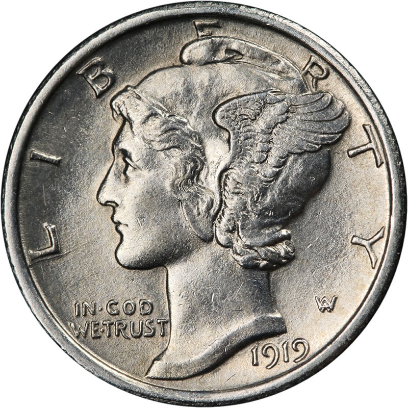 1919-D Mercury Dime Full Split Bands BU+ Key Date Silver Coin: 1919-D Mercury Dime Full Split Bands BU+ Key Date Silver Coin This 1919-D Mercury Dime showcases remarkable eye appeal with bright white surfaces, excellent luster, and a strong strike. As a key date