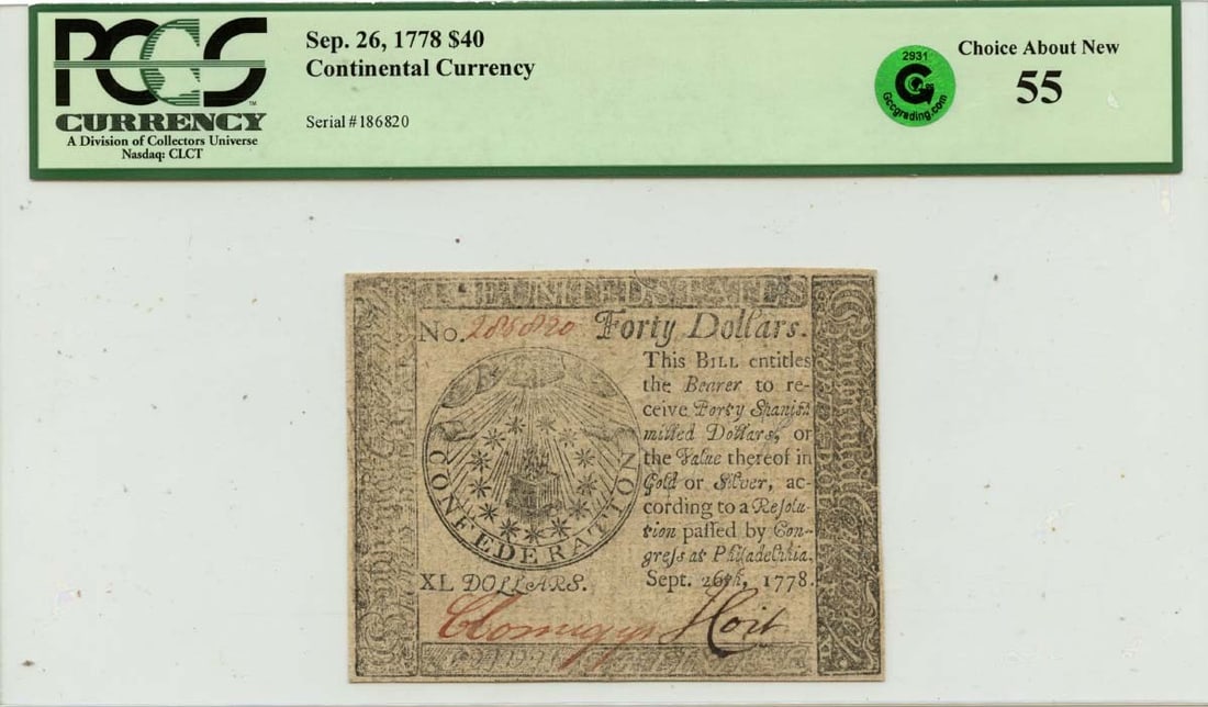 1778 $40 Continental Currency FR#CC-84 PCGS AU55 Green Choice: 1778 $40 Continental Currency FR#CC-84 PCGS AU55 Green Choice This historical $40 Continental Currency note, issued on September 26, 1778, is a remarkable piece of American financial history. Graded A