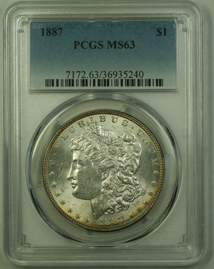 PCGS MS-63 1887 $1 Morgan Dollar Silver Coin Light Tone: PCGS MS-63 1887 $1 Morgan Dollar Silver Coin Light Tone This 1887 Morgan Silver Dollar features a $1 denomination and is certified by PCGS with a grade of MS-63. The coin is composed of 90% silver, mi