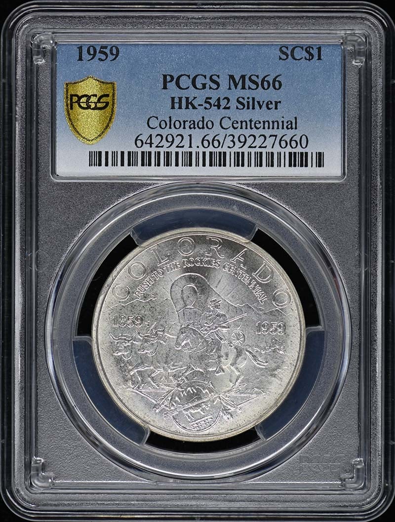 1959 Colorado Rush Rockies Centennial Medal PCGS MS66: 1959 Colorado Rush Rockies Centennial Medal PCGS MS66 This 1959 medal commemorates the Colorado Rush Rockies Centennial and is graded as MS66 by PCGS, indicating it is in uncirculated condition. This