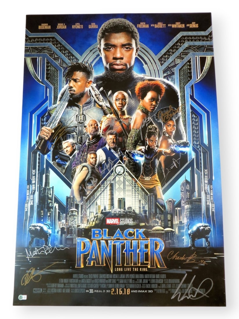 Black Panther Cast Autographed 27x40 Poster with Beckett Certification: Black Panther Cast Autographed 27x40 Poster with Beckett Certification This impressive Black Panther cast signed poster measures 27X40 inches and features the autographs of key cast members, including