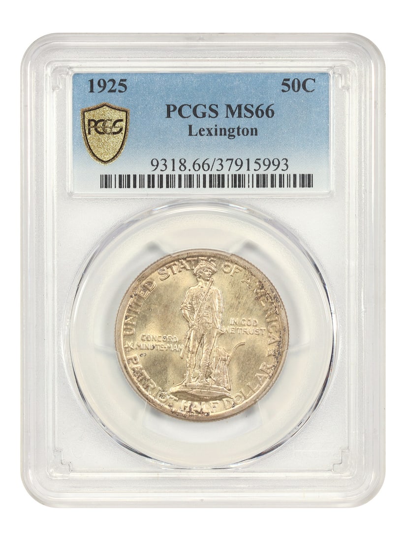 1925 Lexington 50 Cent PCGS MS66 Silver Commemorative Coin: 1925 Lexington 50 Cent PCGS MS66 Silver Commemorative Coin This 1925 Lexington 50-cent coin is a classic silver commemorative struck in Philadelphia to honor the two pivotal battles of 1775. Featuring