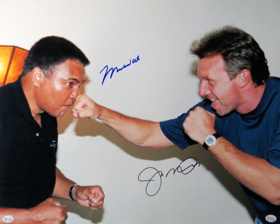 Muhammad Ali Joe Montana Signed 16x20 Photo JSA Authenticated: Muhammad Ali Joe Montana Signed 16x20 Photo JSA Authenticated This striking 16X20 photo features the legendary Muhammad Ali and the iconic Joe Montana, both of whom have left an indelible mark on spor
