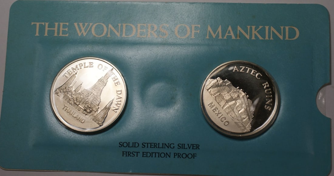 Sterling Silver Temple of Dawn and Aztec Ruins Proof Medals Set by Franklin Mint: Sterling Silver Temple of Dawn and Aztec Ruins Proof Medals Set by Franklin Mint This set includes Temple of Dawn and Aztec Ruins proof medals crafted in solid sterling silver by Franklin Mint. Each m