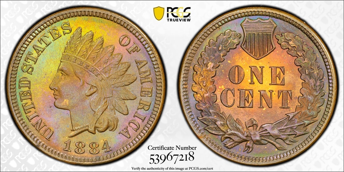 1884 Proof Indian Head Cent PR66 BN CAC Certified by PCGS: 1884 Proof Indian Head Cent PR66 BN CAC Certified by PCGS This is an 1884 Indian Head Cent featuring a proof strike and designated BN (brown) color. Graded PR66 by PCGS and certified with a CAC sticke