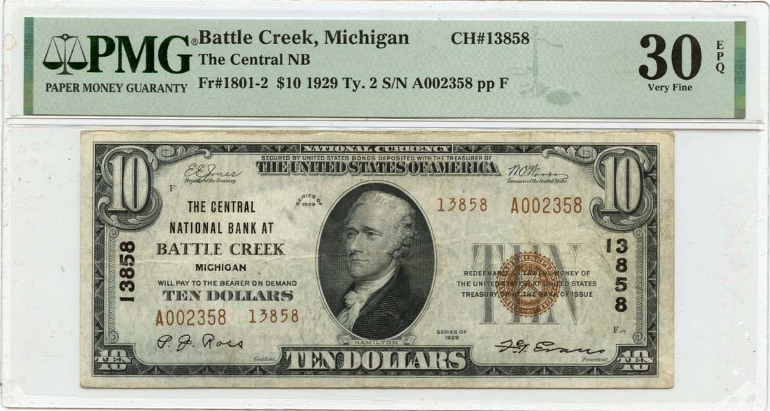 1929 $10 Central National Bank Battle Creek MI PMG VF30 EPQ: 1929 $10 Central National Bank Battle Creek MI PMG VF30 EPQ This 1929 $10 note from Central National Bank in Battle Creek, MI (CH#13858) is a noteworthy addition for collectors. Graded as VF30 by PMG,