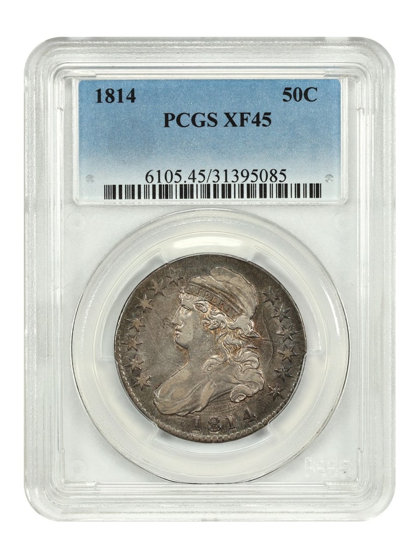 1814 Capped Bust Half Dollar PCGS XF45 Certified 50C Coin: 1814 Capped Bust Half Dollar PCGS XF45 Certified 50C Coin This 1814 Capped Bust Half Dollar is graded XF45 by PCGS and features attractive rainbow album toning along the coin's edges. The coin is circ