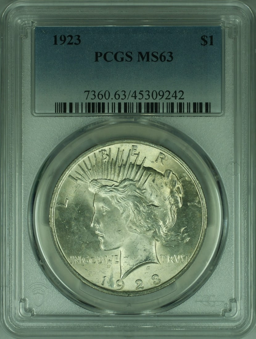 PCGS MS63 1923 Peace Dollar Silver Coin Philadelphia Mint: PCGS MS63 1923 Peace Dollar Silver Coin Philadelphia Mint This is a 1923 Peace Silver Dollar from the United States, certified by PCGS and graded MS-63. Minted in Philadelphia, this uncirculated coin
