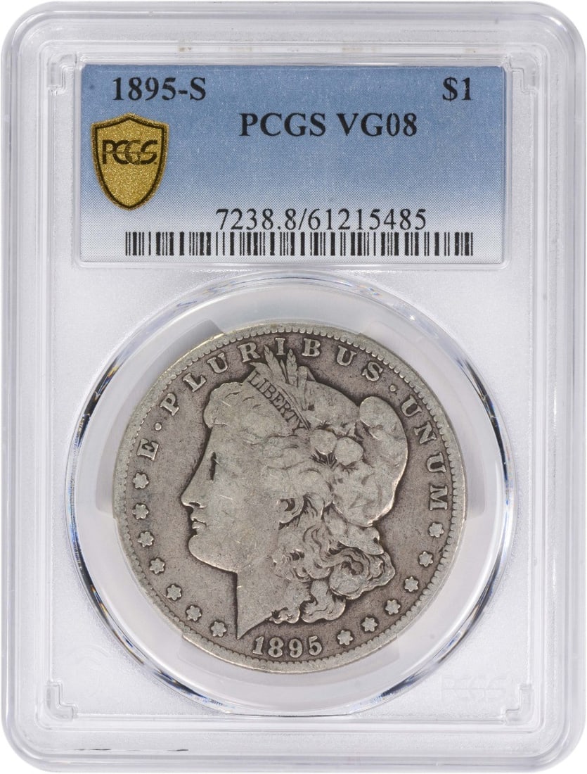 1895 San Francisco Morgan Dollar PCGS VG08 Certified Silver Coin: 1895 San Francisco Morgan Dollar PCGS VG08 Certified Silver Coin This 1895-S Morgan Silver Dollar is graded VG08 by PCGS. Struck at the San Francisco Mint, this circulated coin features a composition