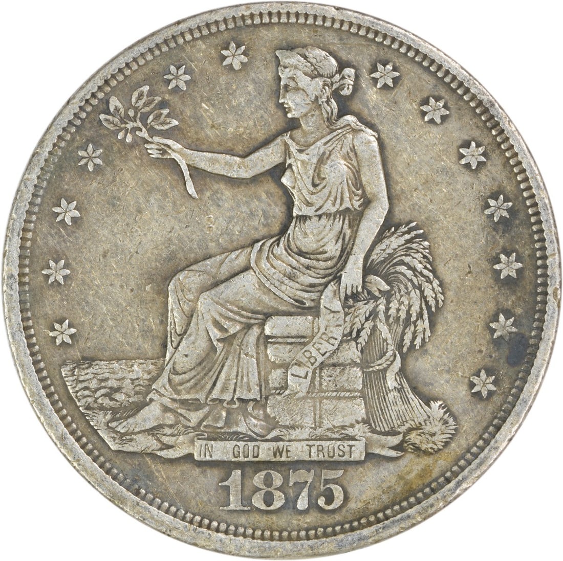 EF Grade 1875 Carson City Trade Dollar Uncertified Silver Coin: EF Grade 1875 Carson City Trade Dollar Uncertified Silver Coin This 1875-CC Trade Dollar from the Carson City Mint is composed of 90% silver and 10% copper. Designed by William Barber, the coin is in