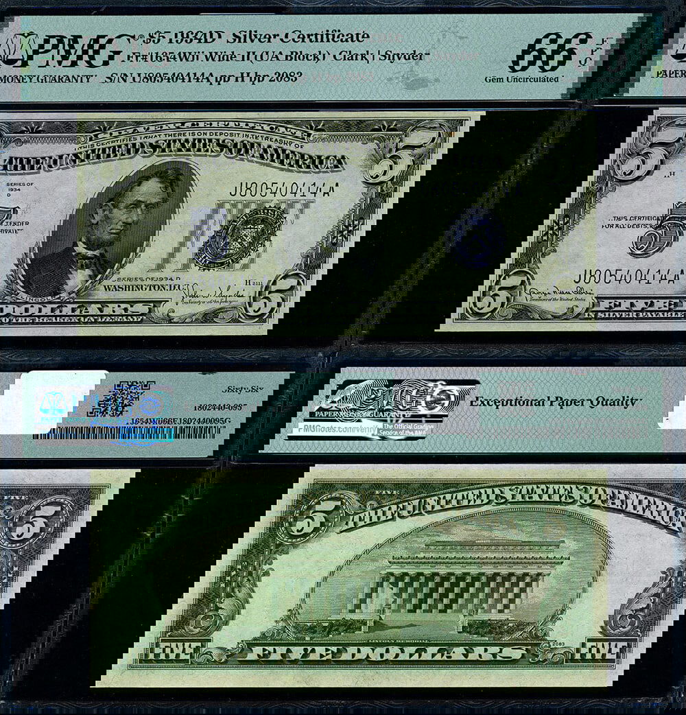1934-D $5 Silver Certificate U-A Block Gem PMG CU66 EPQ (1 of 3)