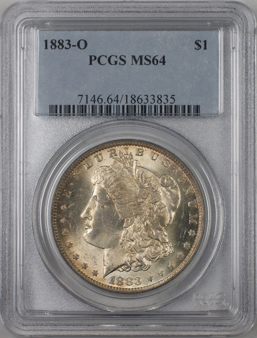 PCGS MS 64 1883-O Morgan Dollar Silver Coin from New Orleans Mint: PCGS MS 64 1883-O Morgan Dollar Silver Coin from New Orleans Mint This is an 1883-O Morgan Silver Dollar $1 coin, certified by PCGS with a grade of MS 64. The coin is uncirculated and exhibits light t