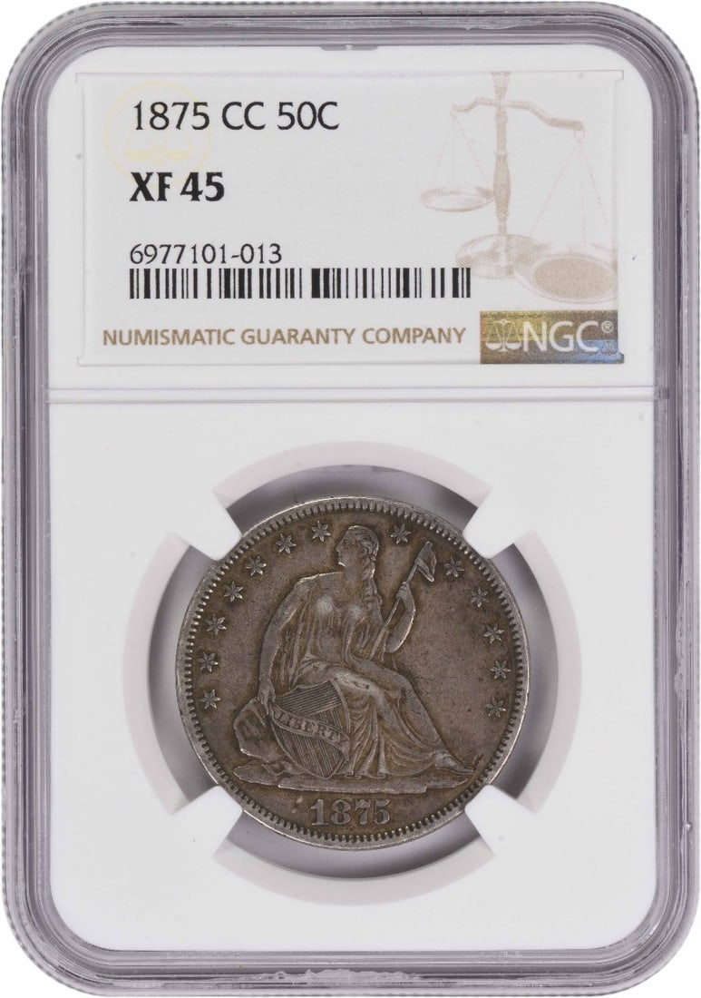 1875-CC Liberty Seated Half Dollar EF45 NGC Certified Coin: 1875-CC Liberty Seated Half Dollar EF45 NGC Certified Coin This 1875-CC Liberty Seated Half Dollar is a stunning piece of numismatic history, certified by NGC with an EF45 grade. Minted in Carson City