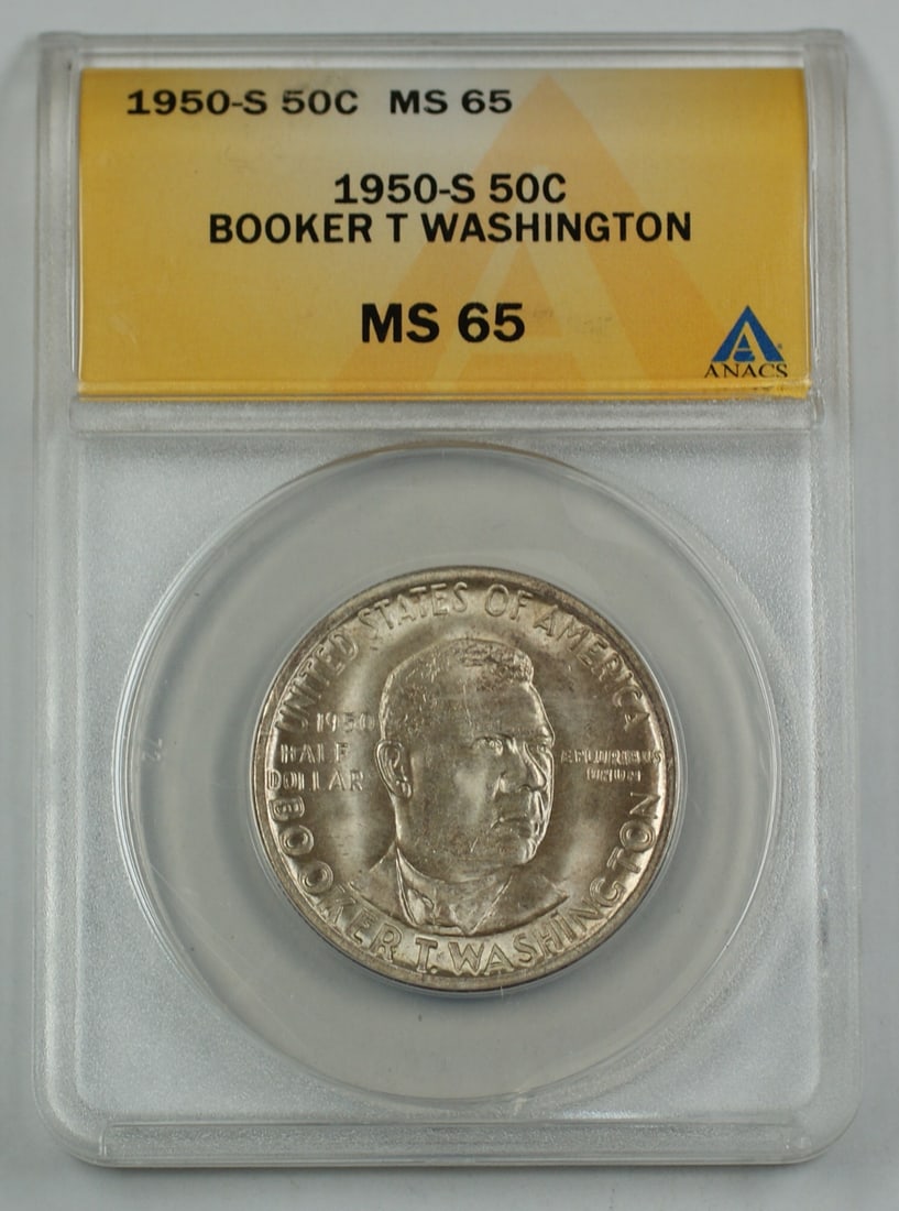 ANACS MS65 1950-S Silver Commemorative Half Dollar Booker T Washington: ANACS MS65 1950-S Silver Commemorative Half Dollar Booker T Washington This 1950-S Booker T. Washington commemorative half dollar is struck in silver and was minted in San Francisco. The coin is ANACS
