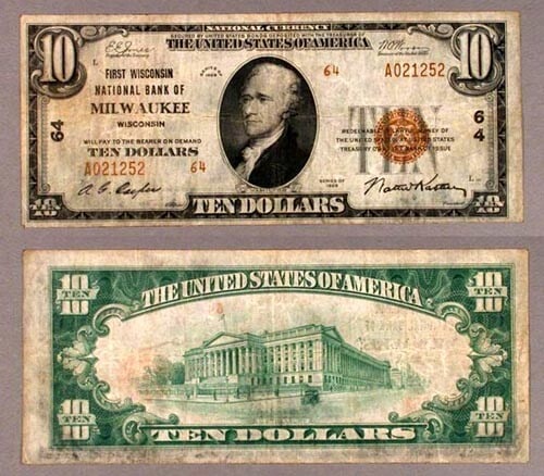 1929 Type 2 National Bank Note $10 Milwaukee First Wisconsin Charter 64 Fine (1 of 1)