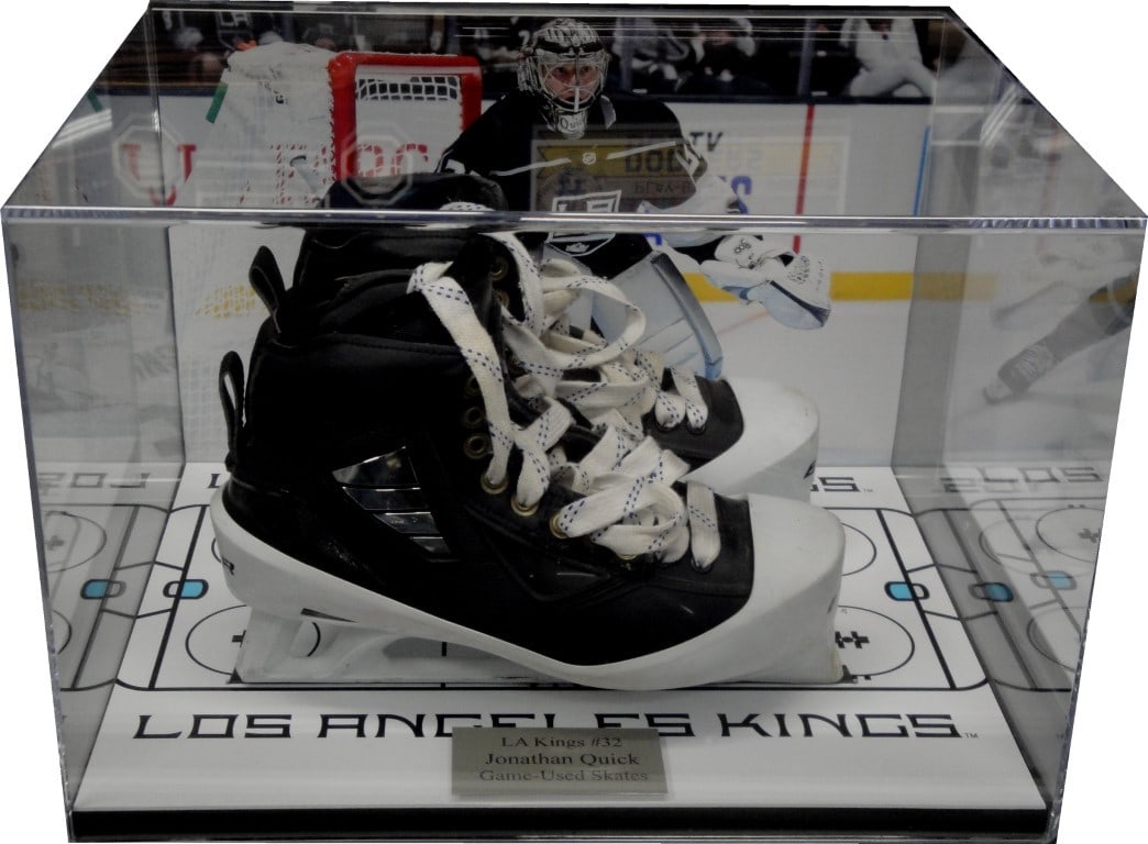 Jonathan Quick Game Used Skates in Framed Los Angeles Kings Shadowbox: Jonathan Quick Game Used Skates in Framed Los Angeles Kings Shadowbox Own a piece of NHL history with these game-used skates from Jonathan Quick, elegantly displayed in a stunning Los Angeles Kings sh