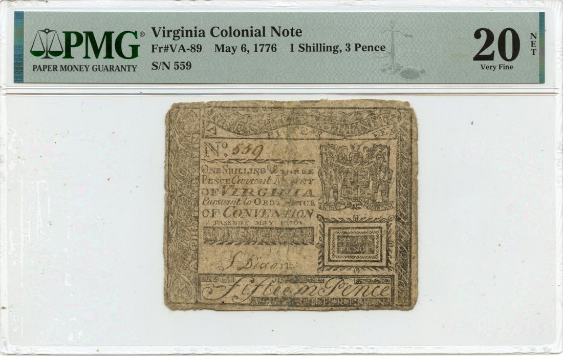 1776 Virginia Colonial Note FR#VA-89 PMG VF20 Limited 6 Known: 1776 Virginia Colonial Note FR#VA-89 PMG VF20 Limited 6 Known This Virginia Colonial Note, dated May 6, 1776, is a rare piece of history, designated as FR#VA-89. It is certified by PMG with a grade of