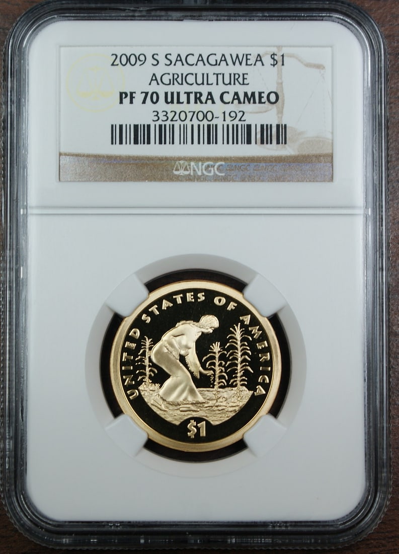 2009-S Native American Dollar NGC PR70 Ultra Cameo Proof Sacagawea: 2009-S Native American Dollar NGC PR70 Ultra Cameo Proof Sacagawea This 2009-S Sacagawea Agriculture Dollar is a Native American $1 coin from the United States, minted in San Francisco. Certified by N