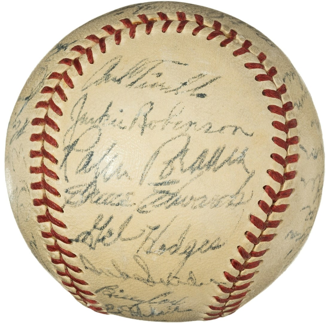 Jackie Robinson Roy Campanella Signed Baseball with PSA DNA COA: Jackie Robinson Roy Campanella Signed Baseball with PSA DNA COA This official National League (Frick) baseball is a remarkable collectible, signed by twenty-seven legendary Brooklyn Dodgers players, i