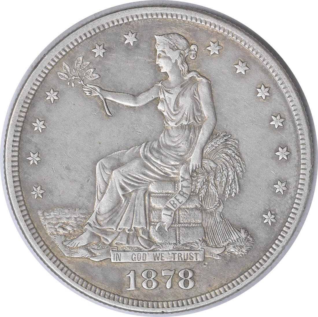 1878-S Trade Silver Dollar William Barber Design Uncertified: 1878-S Trade Silver Dollar William Barber Design Uncertified This 1878-S Trade Silver Dollar is a remarkable piece of history, featuring a grade of Extra Fine (XF) and a mintage of 4,162,000 coins. St