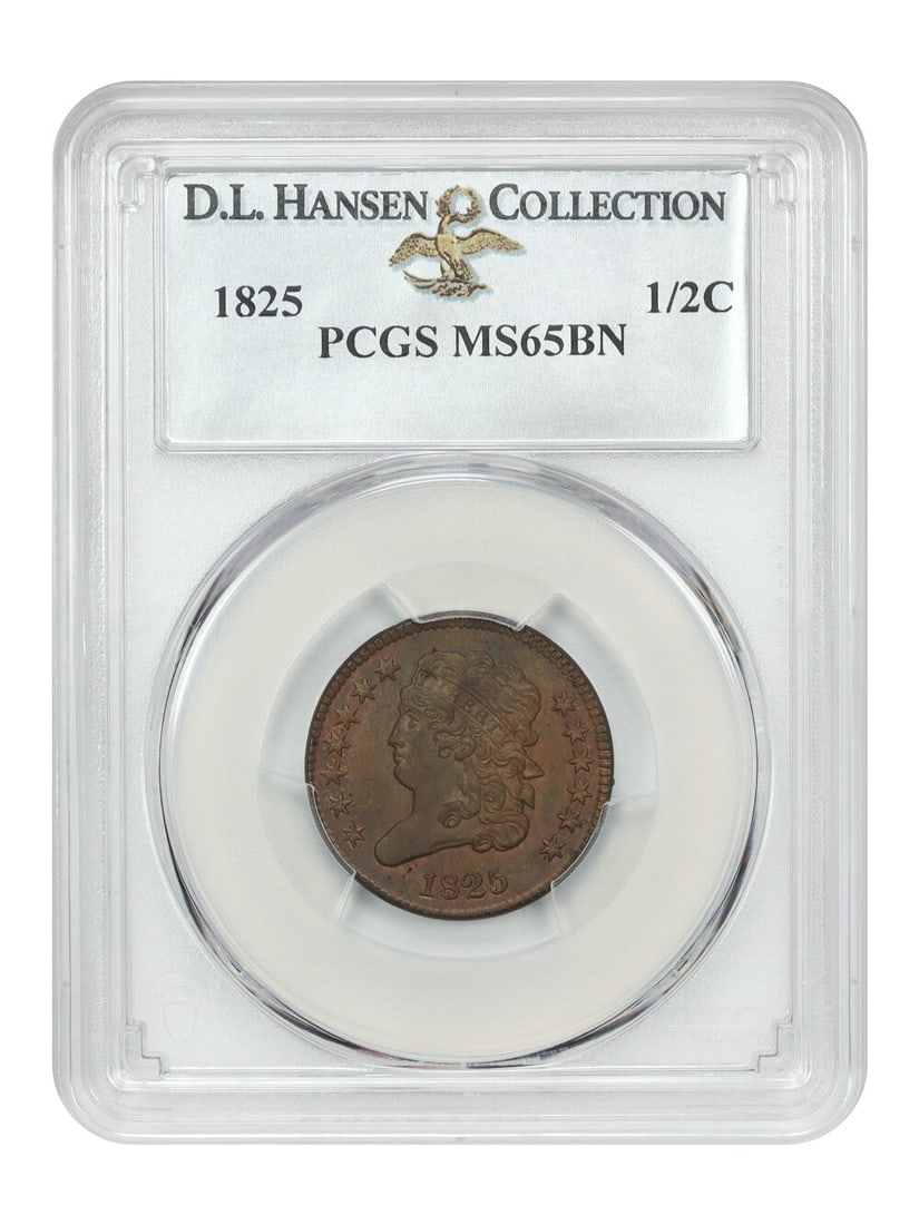 1825 Classic Head 1/2C PCGS MS65BN Low Mintage 63000: 1825 Classic Head 1/2C PCGS MS65BN Low Mintage 63000 This 1825 Classic Head Half Cent is a remarkable collectible, certified by PCGS with a grade of MS65BN. It features a low mintage of just 63,000 pi