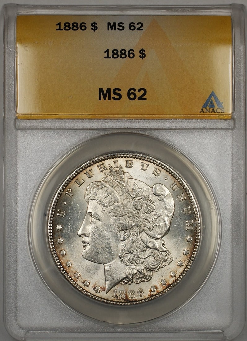 Set of 5 1886 Silver Morgan Dollars ANACS MS-62 Certified Coins: Set of 5 1886 Silver Morgan Dollars ANACS MS-62 Certified Coins This 1886 Morgan Silver Dollar is certified by ANACS with a grade of MS 62. Struck in Philadelphia, this uncirculated coin is composed o