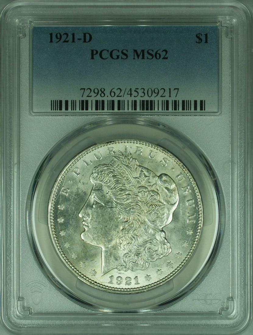 PCGS MS62 1921 Denver Morgan Silver Dollar $1 Coin: PCGS MS62 1921 Denver Morgan Silver Dollar $1 Coin This 1921-D Morgan Silver Dollar is certified by PCGS with a grade of MS-62. Minted in Denver, this uncirculated coin is composed of silver and has a