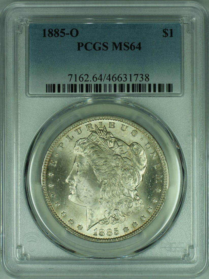 PCGS MS 64 Certified 1885-O Silver Morgan Dollar from New Orleans Mint: PCGS MS 64 Certified 1885-O Silver Morgan Dollar from New Orleans Mint This 1885-O Morgan Silver Dollar is an uncirculated $1 coin certified by PCGS with a grade of MS-64. Minted in New Orleans in 188
