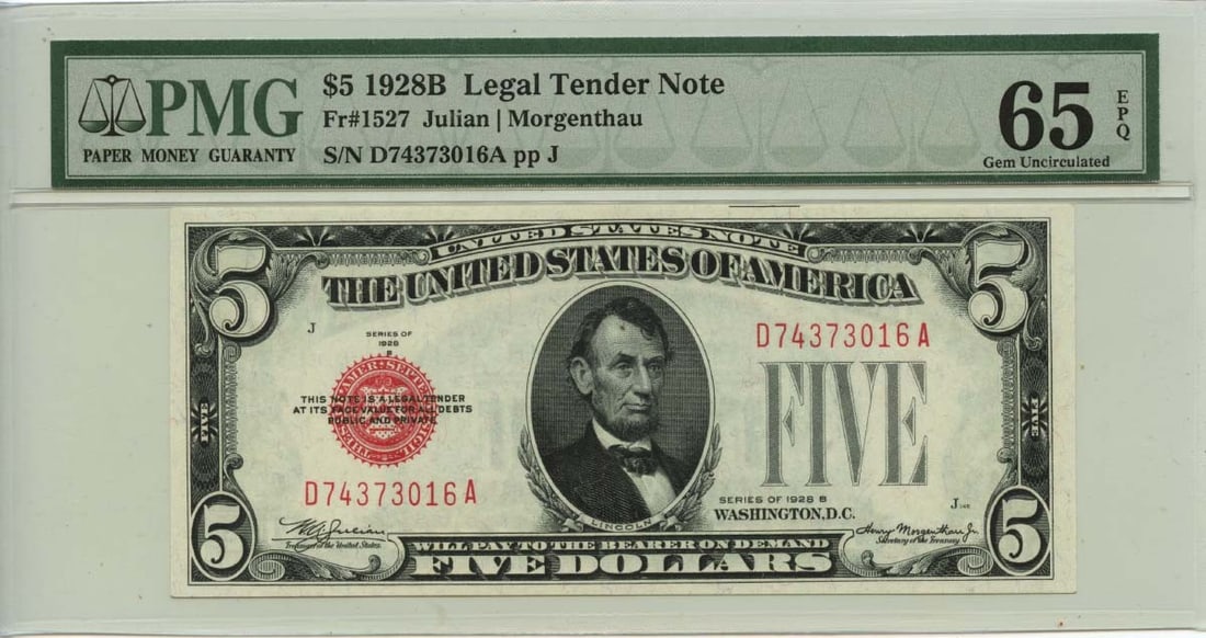 1928B $5 Legal Tender Note Fr# 1527 PMG Gem 65 EPQ Uncirculated: 1928B $5 Legal Tender Note Fr# 1527 PMG Gem 65 EPQ Uncirculated This is a 1928B $5 Legal Tender Note, designated as Fr# 1527. Certified by PMG with a Gem65 EPQ grade, this note is in uncirculated cond