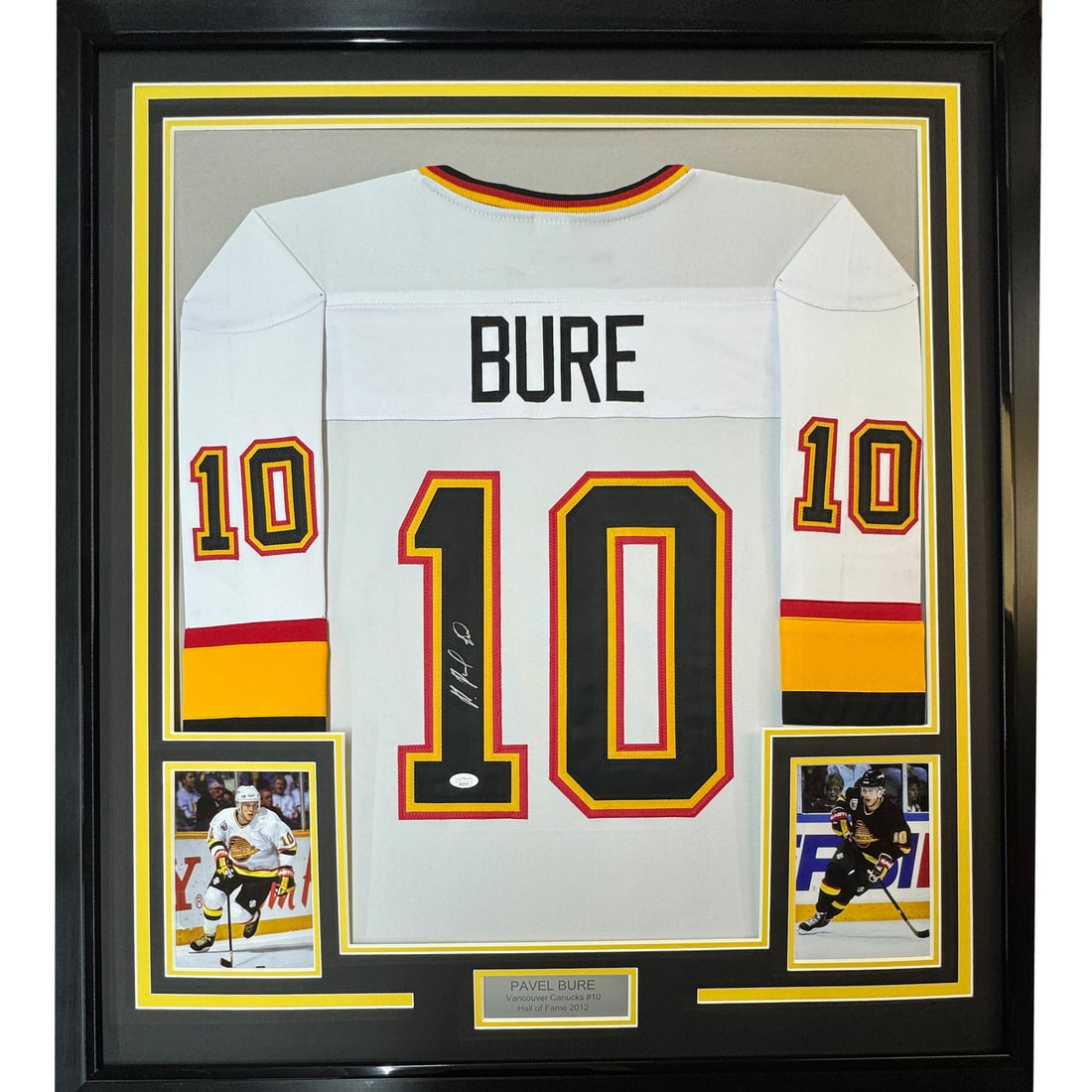 Framed Pavel Bure Autographed Vancouver Canucks Jersey JSA COA 35x39: Framed Pavel Bure Autographed Vancouver Canucks Jersey JSA COA 35x39 Celebrate the legacy of NHL star Pavel Bure with this professionally framed and autographed Vancouver Canucks hockey jersey. Measur