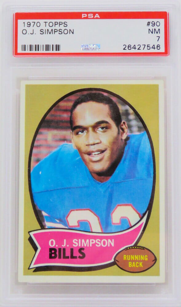 O.J. Simpson 1970 Topps #90 RC Buffalo Bills PSA 7 Football Card: O.J. Simpson 1970 Topps #90 RC Buffalo Bills PSA 7 Football Card This offering features the iconic O.J. Simpson Buffalo Bills 1970 Topps #90 rookie card, encapsulated and graded Near Mint (NM) 7 by Pr
