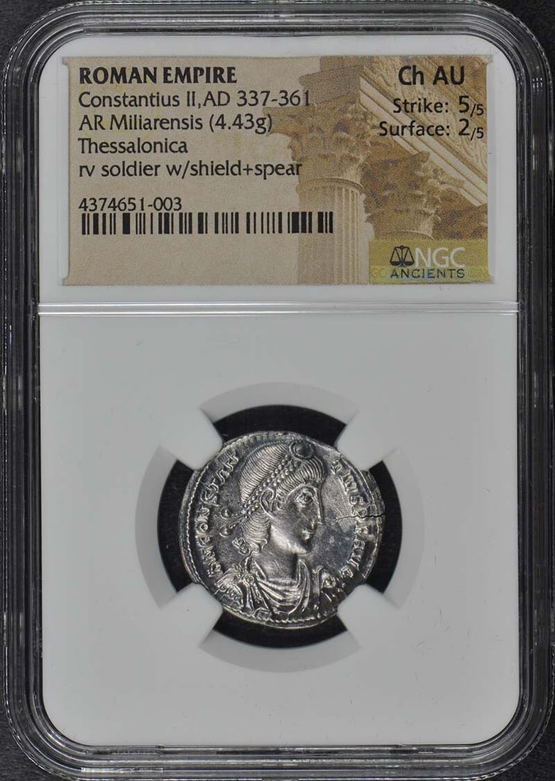 NGC AU55 Constantius II Silver Miliarensis Roman Empire Coin AD 337 to 361: NGC AU55 Constantius II Silver Miliarensis Roman Empire Coin AD 337 to 361 Ancient Roman Empire AR Miliarensis coin from the reign of Constantius II, dated AD 337-361. Certified by NGC with a grade of