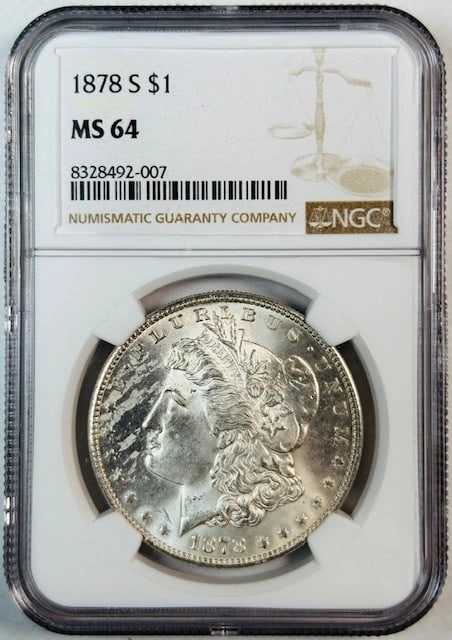1878 S Morgan Silver Dollar NGC MS64 Uncirculated San Francisco Coin: 1878 S Morgan Silver Dollar NGC MS64 Uncirculated San Francisco Coin This 1878 S Morgan Silver Dollar is a stunning example of American numismatic history, beautifully preserved in an uncirculated con