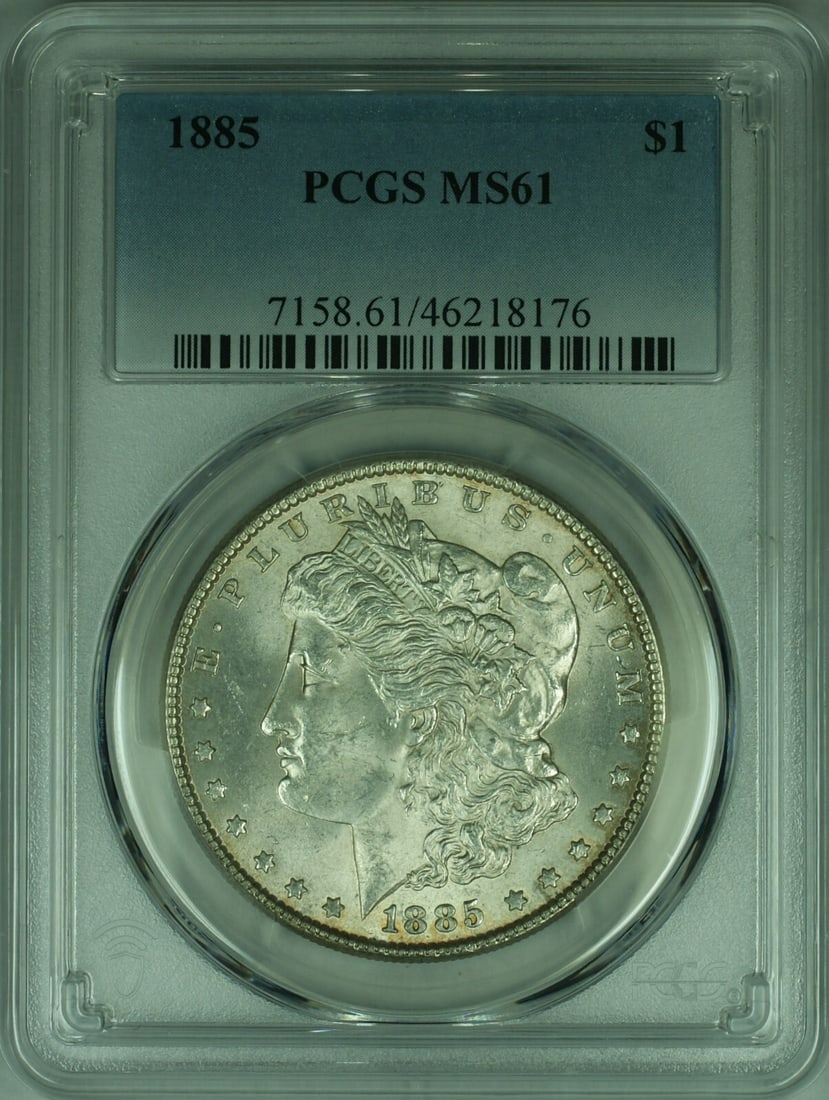 PCGS MS-61 1885 Morgan Dollar Silver Coin from Philadelphia: PCGS MS-61 1885 Morgan Dollar Silver Coin from Philadelphia This is an 1885 Morgan Silver Dollar coin from the United States, certified by PCGS with a grade of MS-61. The coin is uncirculated, compose