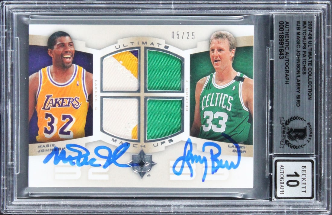 Magic Johnson Larry Bird Signed 2007 Ultimate Collection Card #JB 05/25 BAS Gem Mint 10: Magic Johnson Larry Bird Signed 2007 Ultimate Collection Card #JB 05/25 BAS Gem Mint 10 This exquisite 2007 Ultimate Collection Matchups Patches #JB 05/25 card features the legendary signatures of bas