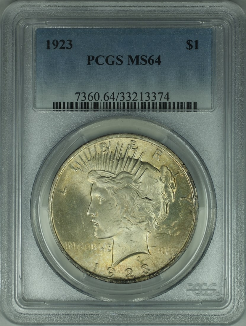 PCGS MS64 1923 Silver Peace Dollar Coin Light Toning Philadelphia Mint: PCGS MS64 1923 Silver Peace Dollar Coin Light Toning Philadelphia Mint This 1923 Silver Peace Dollar $1 coin has been graded MS-64 by PCGS and features light toning. It was minted in Philadelphia and