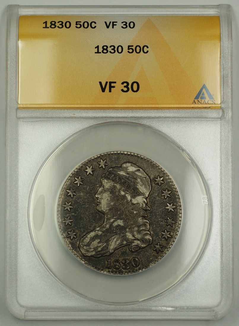 1830 ANACS VF 30 Capped Bust Half Dollar Silver Coin United States: 1830 ANACS VF 30 Capped Bust Half Dollar Silver Coin United States This is an 1830 Capped Bust Silver Half Dollar 50-cent coin certified by ANACS with a grade of VF 30. The coin was minted in Philadel