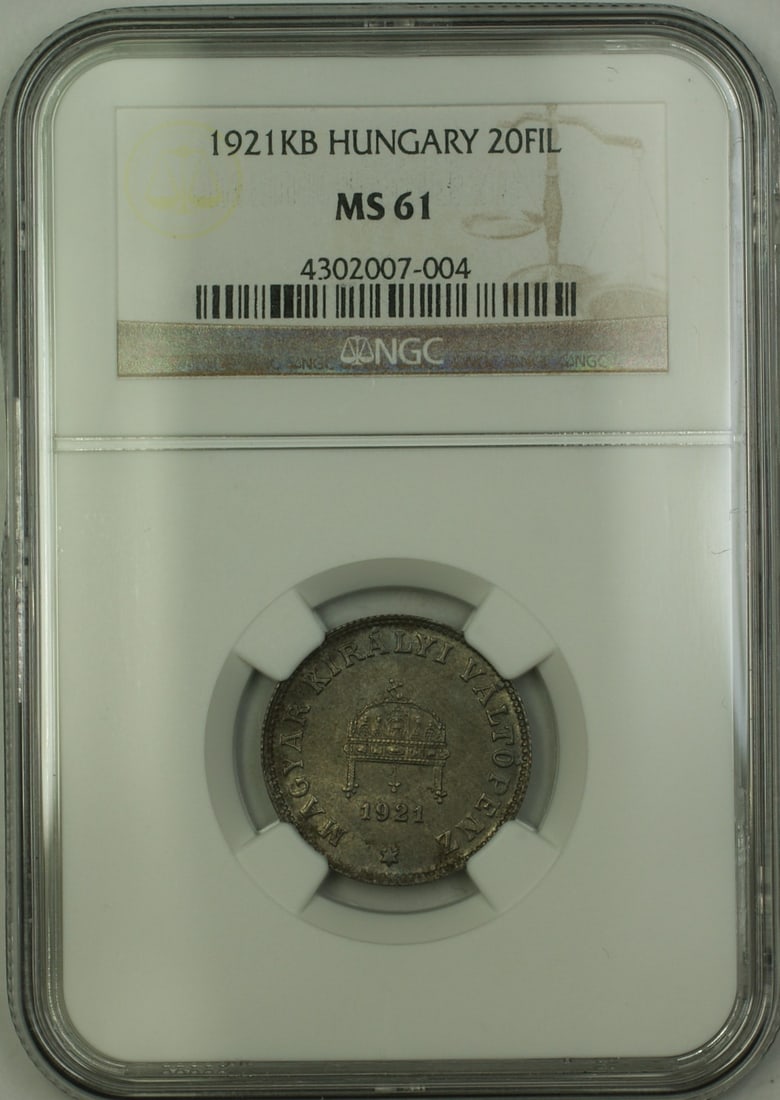 Hungary 1921 20 Filler NGC MS 61 Uncirculated Rare Coin: Hungary 1921 20 Filler NGC MS 61 Uncirculated Rare Coin This is a 1921-KB Hungary 20 Filler coin, authenticated and graded MS 61 by NGC. This uncirculated coin is considered very rare and originates f