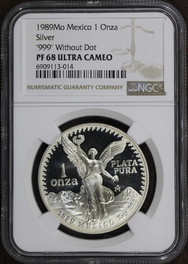 1989 Mexico Libertad 1 oz Silver Proof PF68 NGC No Dot: 1989 Mexico Libertad 1 oz Silver Proof PF68 NGC No Dot This stunning 1989 Mexican Libertad Onza coin features an impressive proof finish and is composed of 1 oz of .999 fine silver. Graded as PF68 by