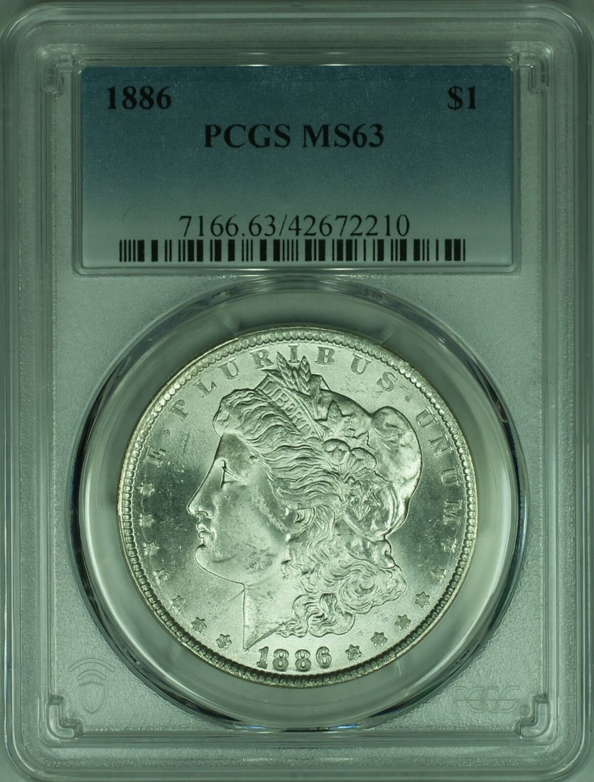 1886 Morgan Dollar Silver $1 Coin PCGS MS63 Philadelphia Mint: 1886 Morgan Dollar Silver $1 Coin PCGS MS63 Philadelphia Mint This is an 1886 Morgan Silver Dollar coin from the United States, certified by PCGS with a grade of MS 63. Minted in Philadelphia, this un