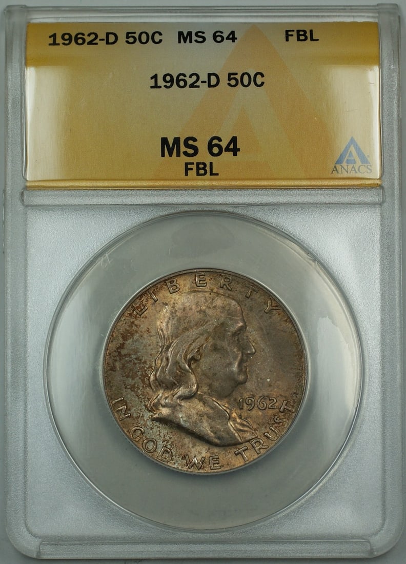 ANACS MS-64 FBL 1962-D Silver Franklin Half Dollar Toned Uncirculated: ANACS MS-64 FBL 1962-D Silver Franklin Half Dollar Toned Uncirculated This 1962-D Franklin Silver Half Dollar features a lustrous finish with attractive toning. Certified by ANACS as MS-64 FBL, this u