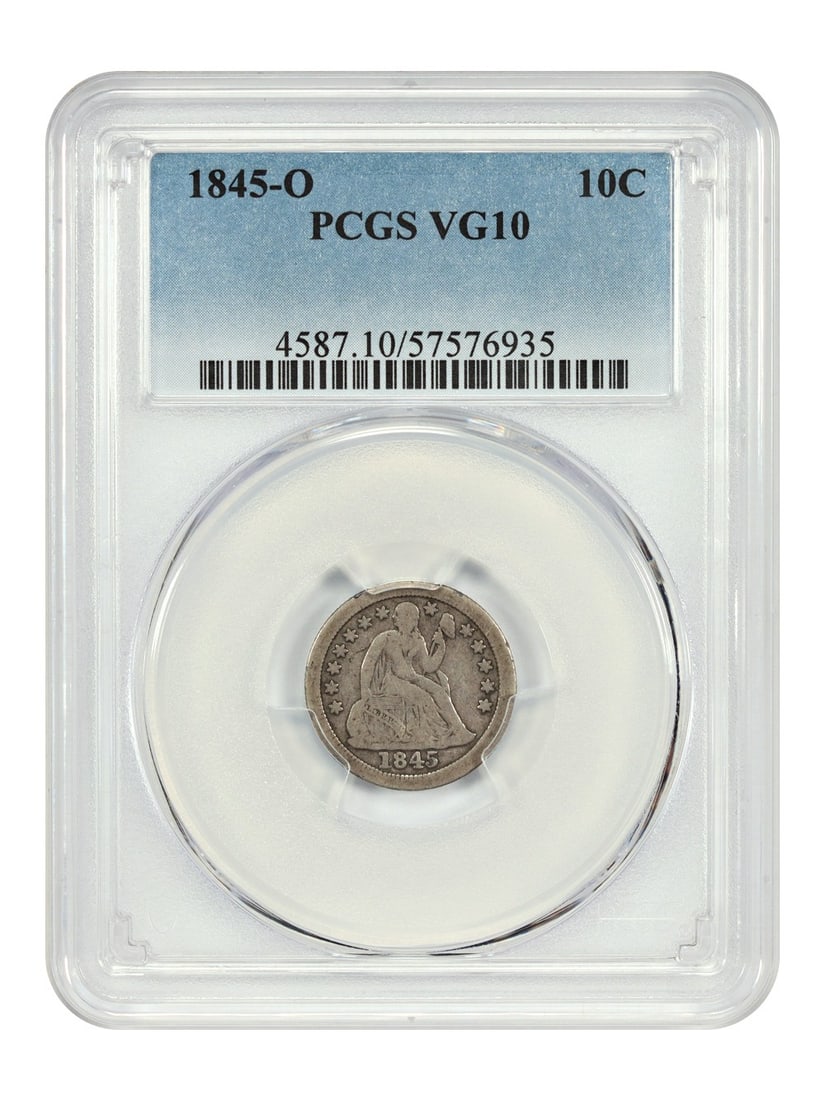 1845-O Liberty Seated Dime PCGS VG10 Scarce New Orleans Coin: 1845-O Liberty Seated Dime PCGS VG10 Scarce New Orleans Coin This 1845-O Liberty Seated Dime is certified by PCGS with a grade of VG10. This circulated coin, struck at the New Orleans mint, is part of