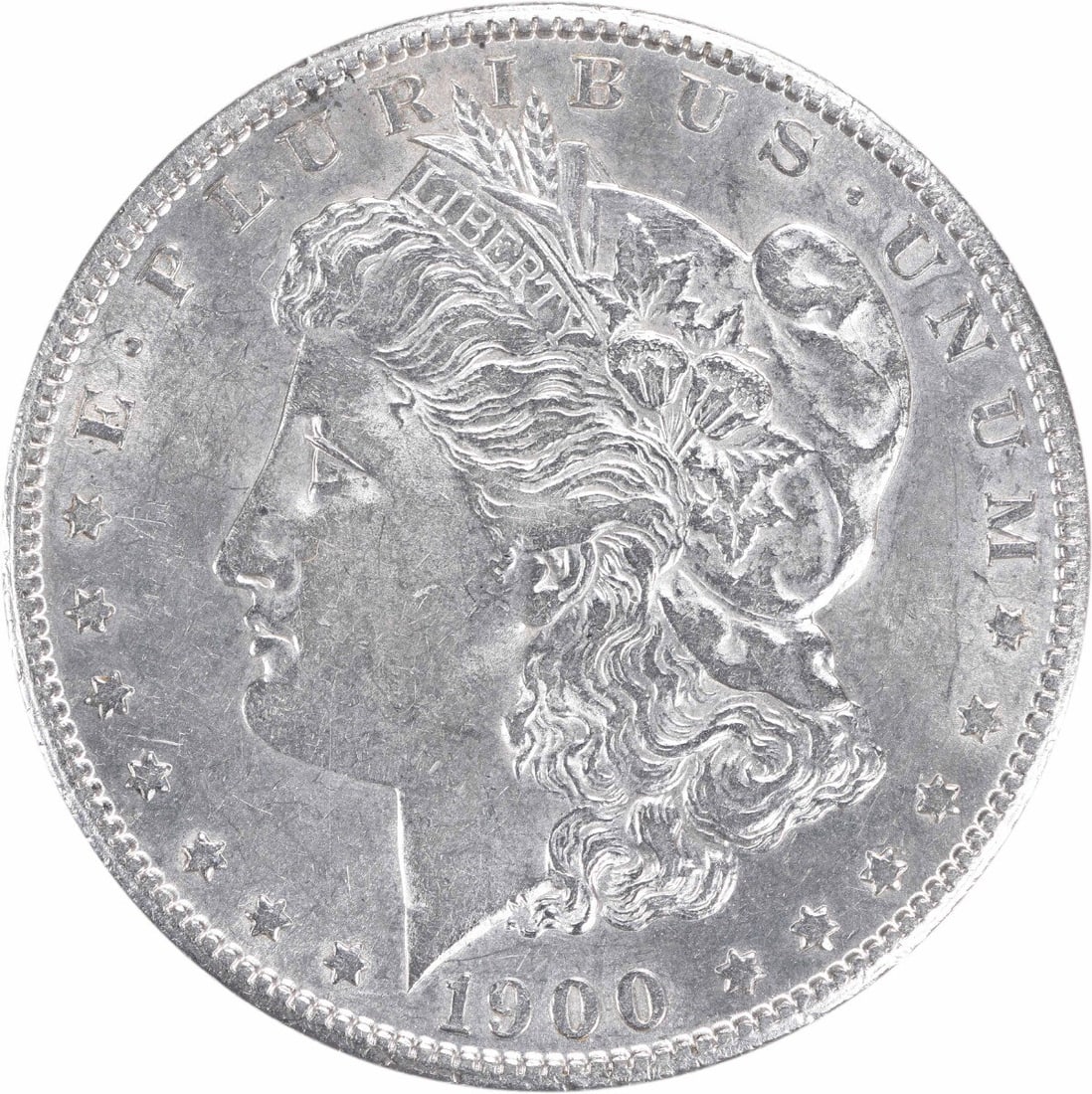 1900-S Morgan Silver Dollar AU Uncertified 90% Silver Coin: 1900-S Morgan Silver Dollar AU Uncertified 90% Silver Coin This 1900-S Morgan Silver Dollar is a stunning example of American coinage, featuring a classic design by George T. Morgan. The coin is compo