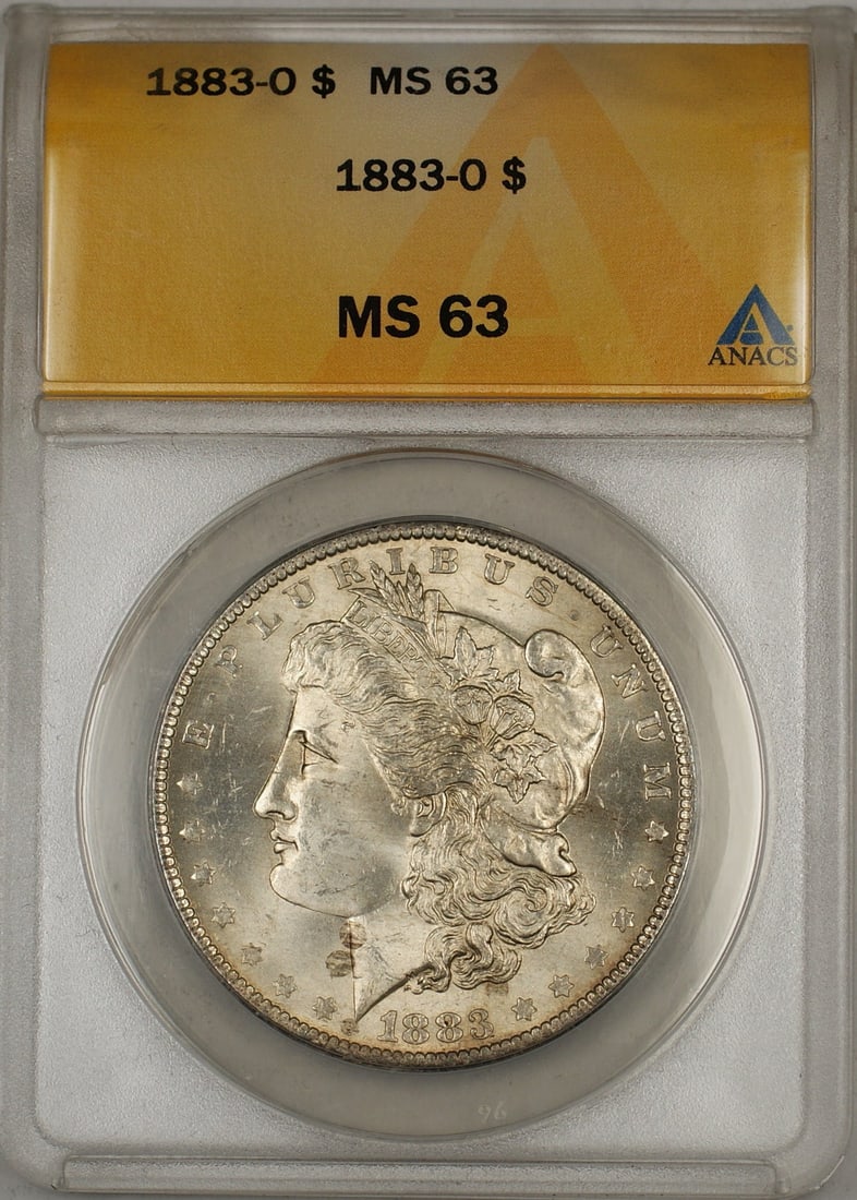 ANACS MS-63 1883-O Silver Dollar Coin from New Orleans Mint: ANACS MS-63 1883-O Silver Dollar Coin from New Orleans Mint This is an 1883-O Morgan Silver Dollar graded MS-63 by ANACS. The coin was minted in New Orleans and remains uncirculated. It is composed of