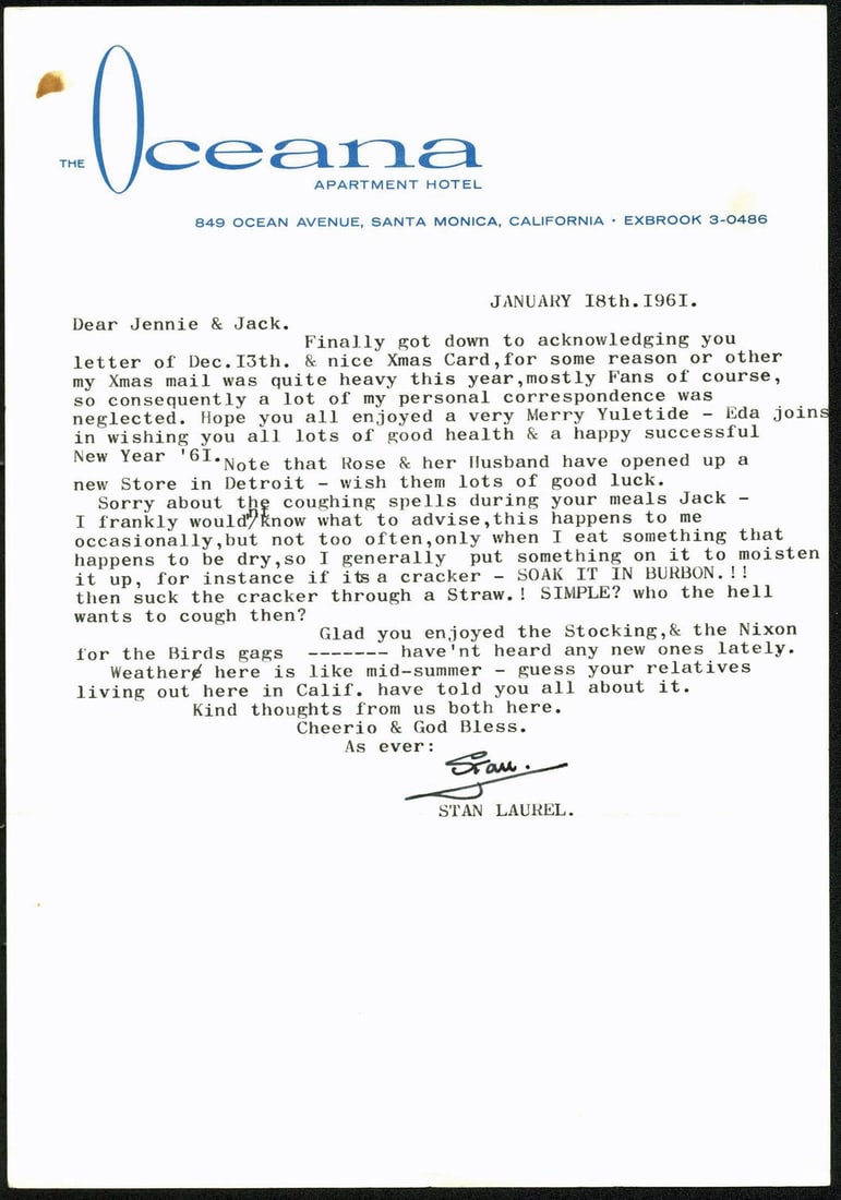 Stan Laurel Signed 1961 Oceana Hotel Letter PSA/DNA COA: Stan Laurel Signed 1961 Oceana Hotel Letter PSA/DNA COA This authentic signed letter from Stan Laurel measures 7.25x10.5 inches and dates back to 1961. The letter was personally signed by the legendar