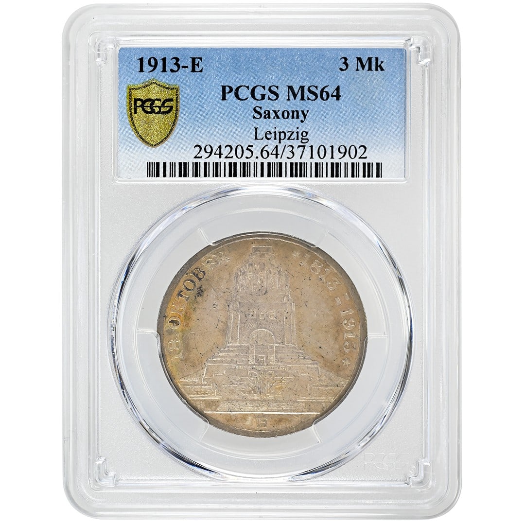 PCGS MS64 Germany 1913-E 3 Mark Silver Saxony Leipzig Certified Coin: PCGS MS64 Germany 1913-E 3 Mark Silver Saxony Leipzig Certified Coin This 1913-E Germany 3 Mark coin from Leipzig, Saxony is a rare collectible from the German Empire period (1871-1918). Composed of s
